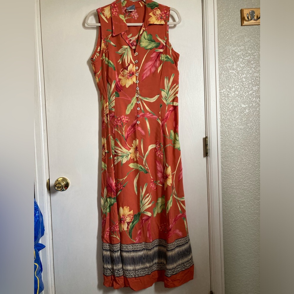 *Rabbit, Rabbit, Rabbit Designs Vintage Coral Tropical Size 12 Maxi Dress #C